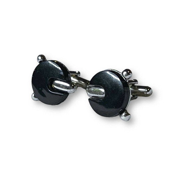 Vintage Cufflinks Men’s Silver Tone Black Glass Art Deco Unsigned - Picture 2 of 6